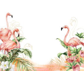 Watercolor tropical border with flamingos and flowers. Hand painted gold birds, anthurium, lupine and leaves. Floral linear illustration isolated on white background for design, print, background. - obrazy, fototapety, plakaty
