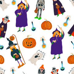 Fototapeta premium Seamless pattern with Halloween scary elements. Vector cartoon flat illustration.