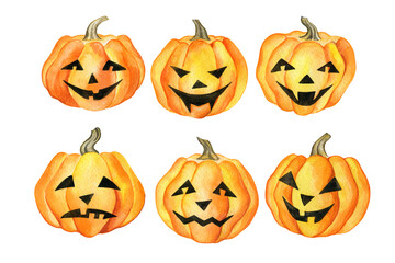 Halloween pumpkins with scary faces. Watercolor illustration isolated on white.