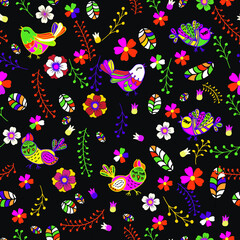 Fototapeta premium Cartoon cute doodles seamless texture. Endless vector illustration. Multicolor pattern of Birds, flowers and leaves. can be used for fabric and wallpaper.