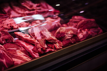 Obraz premium Meat market. A showcase with much of meat in fridgerator. Sale of meat products.