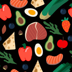 Seamless pattern with healthy food such as meal, vegetables and fruits. Vector cartoon flat illustration.