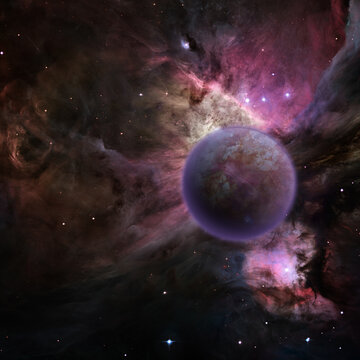 Mysterious Planet, Purple Nebula. 3D Rendering