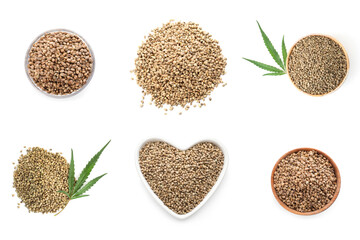 Collage with hemp seeds on white background, top view