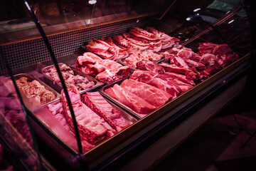 Butcher shop's meat counter. Meat business. Selected quality meat selling. Meat products sale.