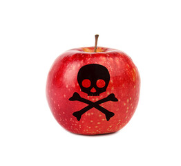 Red poison apple with skull and crossbones image on white background