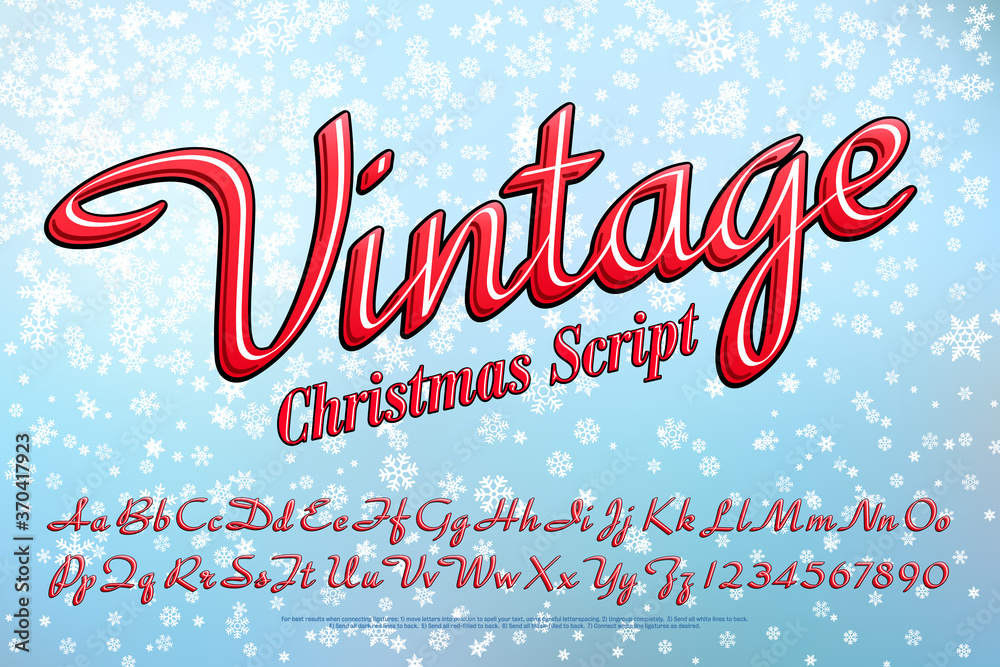Fototapete a vintage style christmas script alphabet with a snowflake background. red cursive lettering with a 