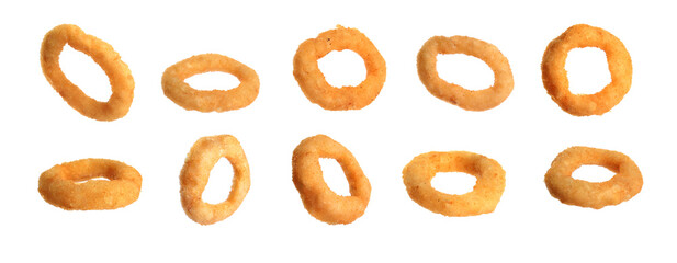 Fried onion rings falling on white background, banner design