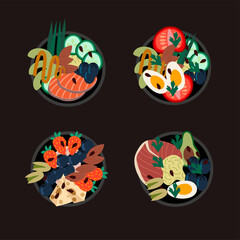 Set of poke bowls. Healthy food from natural products. Vector cartoon flat illustration.