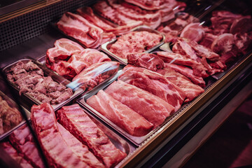 Counter with cold raw meat products. Fresh and pink meat packs. Meat market. Different and quality...