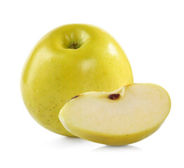Cut and whole yellow apples on white background