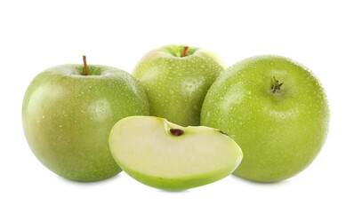 Cut and whole green apples on white background
