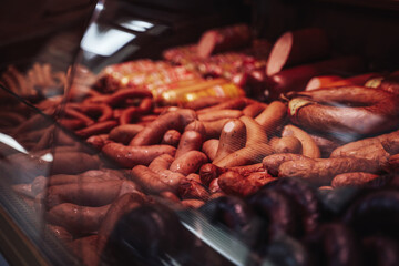 Cold and fresh smoked meat in the market. Butcher shop's meat counter. Saling sausages and hum.