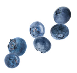 Many fresh ripe blueberries falling on white background