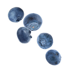 Many fresh ripe blueberries falling on white background