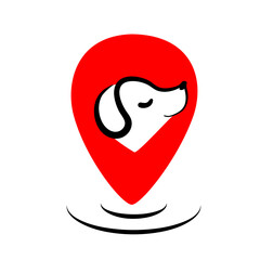 Flat pets gps logo design. Dog map marker vector. Animal walking takes care with location position. Navigation sign for pet web app. Cute happy puppy