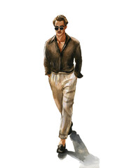 Fashion watercolor illustration of man in stylish trendy outfit. Hand drawn painting of male hipster. Street style look - 370419106