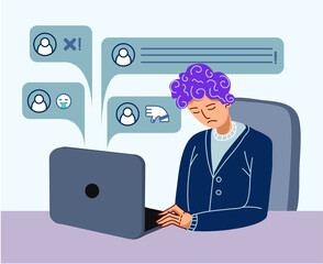 Bullying on the net. The guy is sitting at the computer and getting bad comments. Vector cartoon flat illustration.