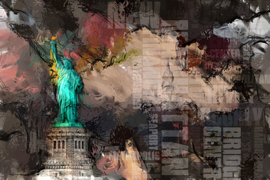 Statue of liberty and NYC. Modern art. 3D rendering