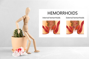 Hemorrhoids. Wooden human figure near cactus and illustrations of unhealthy lower rectum - obrazy, fototapety, plakaty
