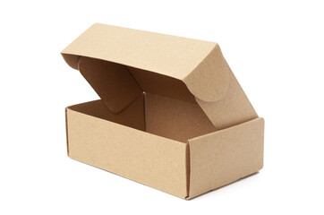 close-up single carton box open empty isolated on white background