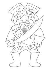 Full length pirate coloring page stock vector illustration. Big pirate captain with tricorn hat and saber in hand. Amusing cartoon pirate in medieval costume black outline isolated on white.
