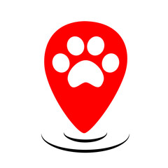 Red flat pets gps logo design. Paw on map marker vector. Animal walking takes care with location position. Navigation sign for pet web app. Cute happy dog