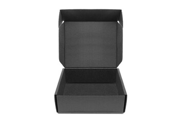 close-up single carton box open empty isolated on white background