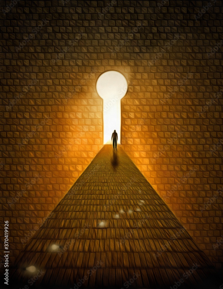 Canvas Prints Surreal digital art. Man walks on a stones road to Heaven. Doorway in a shape of keyhole. Light bulbs symbolizes ideas. 3D rendering