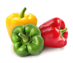 Fresh different bell peppers on white background