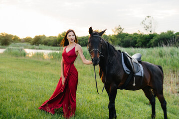 A young pretty girl in a red dress poses on a ranch with a thoroughbred stallion at sunset. Love and care for animals