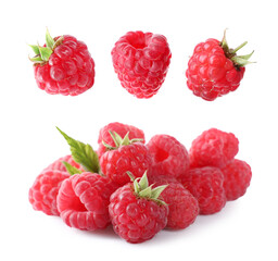 Set of fresh ripe raspberries on white background