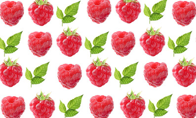Pattern of fresh ripe raspberries and green leaves on white background