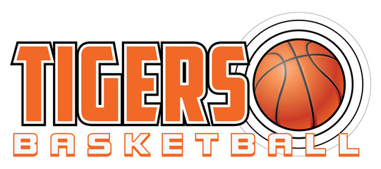 Tigers Basketball Design is a sports design template that includes graphic text and a flying ball. Great for advertising and promotion such as t-shirts for teams or schools.