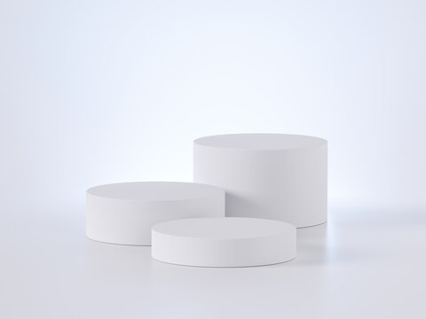 3d render, white modern minimal background with three vacant pedestals. Commercial showcase blank mockup with empty podium for product displaying