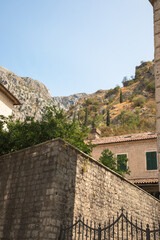 Views of the mountains behind he historic walled town of Kotor, Montenegro