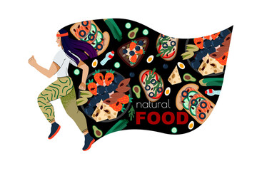 Banners or cards with healthy food and sport woman. Lifestyle for health. Vector cartoon flat illustration.