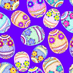 Smiling colored skulls calavera on blue vector seamless pattern. Bold colors ornamental smiling skulls for traditinal mexican day of the dead festival. Detailed colorful calavera vector pattern