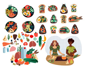 Fototapeta premium Set of sandwiches, foods and poke bowls. Healthy food from natural products. Vector cartoon flat illustration.