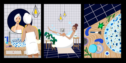 Set of pictures of relaxation and self-service in the bathroom. The girl takes a bath and takes care of herself in front of the mirror. Vector flat illustration.
