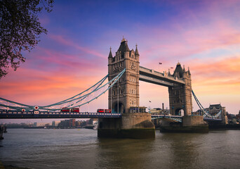 Tower Bridge over the River Thames at sunset in London, UK.