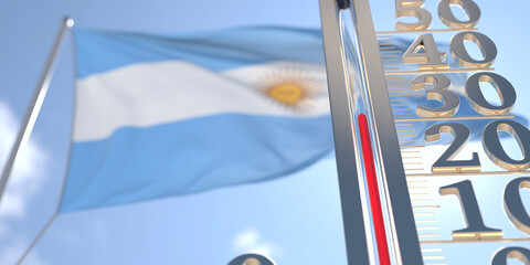 30 degrees centigrade on a thermometer measuring air temperature near flag of Argentina. Hot weather forecast related 3D rendering