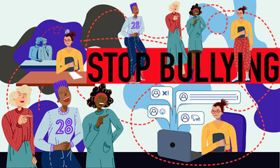 Banner calling to stop bullying. Bullying among students, online and in life. Vector cartoon flat illustration.