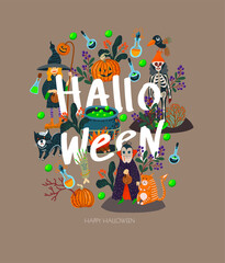 Halloween banner or card with scary elements. Vector cartoon flat illustration.