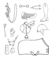Vector set bundle of hand drawn doodle sketch horse riding equestrian equipment isolated on white background