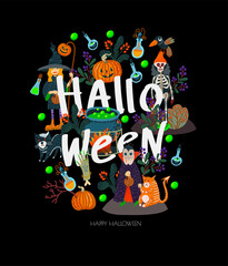 Halloween banner or card with scary elements. Vector cartoon flat illustration.