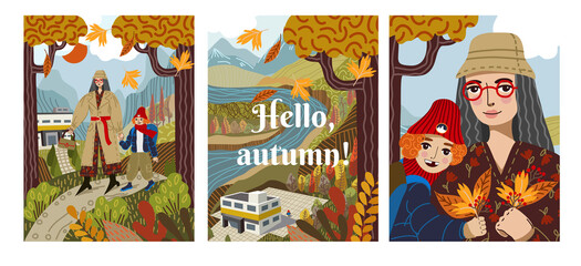 Greeting card for teacher's day. Autumn landscape. Mom and son go hand in hand. Together they go to congratulate the teacher and be the best at school.