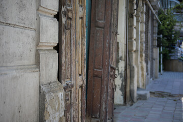 Vintage door in selective focus. Outdoor shot. Baku.