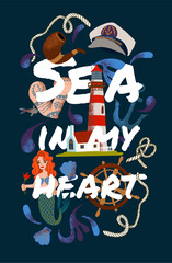 Set of elements with a nautical theme. Mermaid, shells, and bursts of waves. Sea anchor, rope, and smoking wooden pipe.