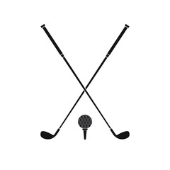 Vector flat black golf ball and crossed stick isolated on white background